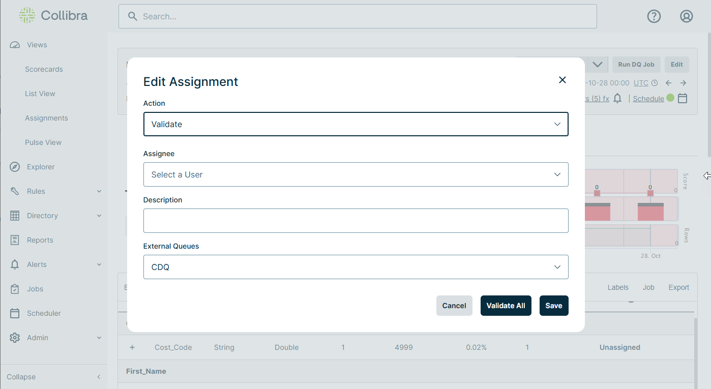 Edit Assignment dialog box with Validate selected