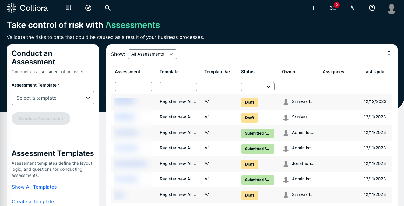 Assessments landing page