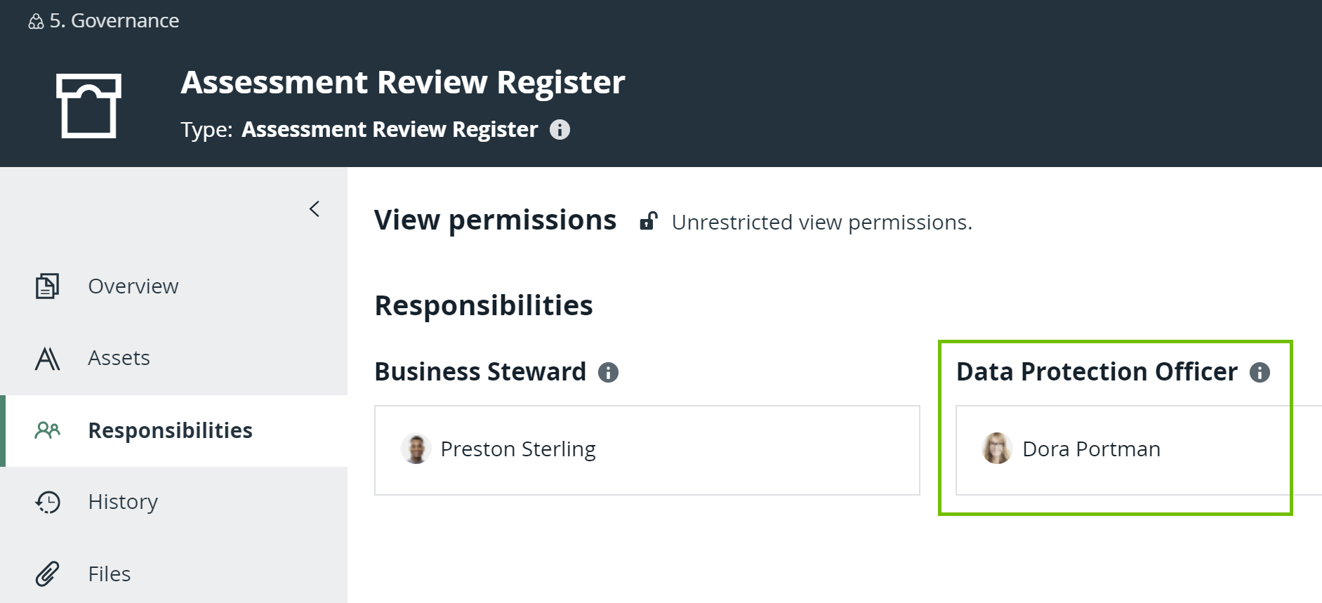Responsibilities tab of the Assessment Review Register domain