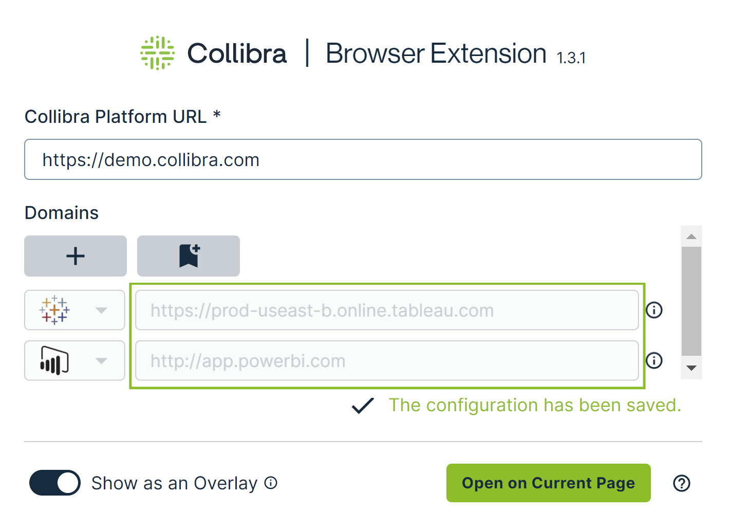 Browser Extension showing preconfigured domains