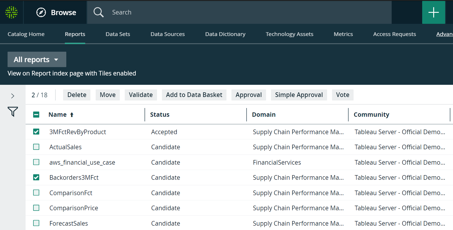 Available actions on reports in table mode