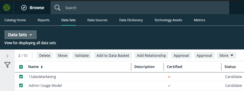 Available actions on data sets in table mode