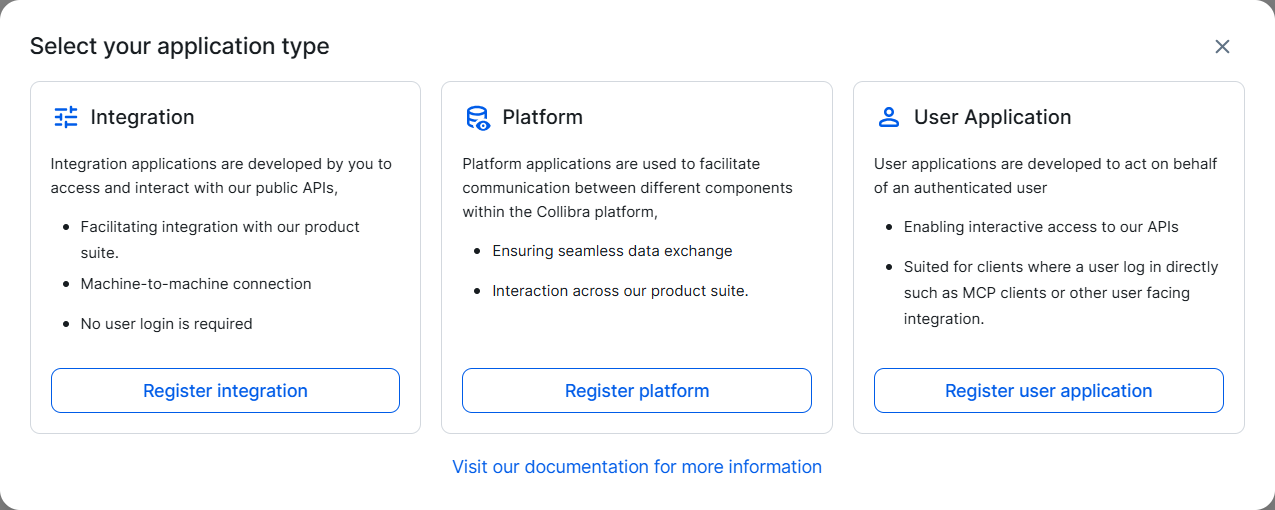 The Select your application type dialog box with the Integration, Platform, and User Application options.