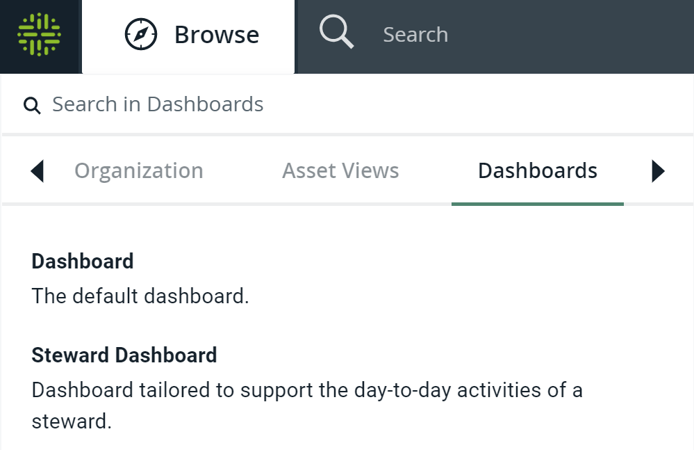 Dashboards tab in Browse pane