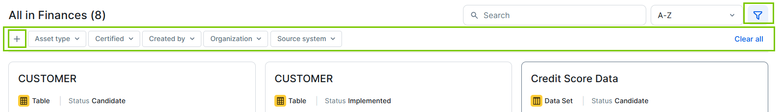 Image of the filter area highlighting the Filter icon and the Plus icon