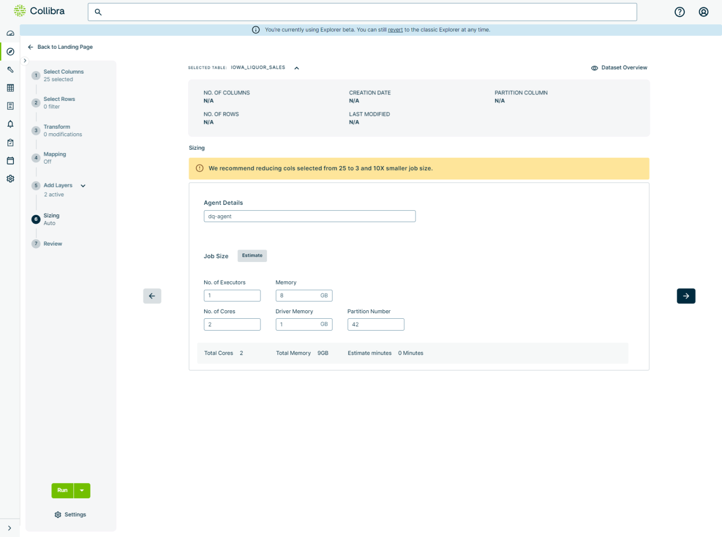 screenshot of a job whose sizing requirements have been estimated automatically