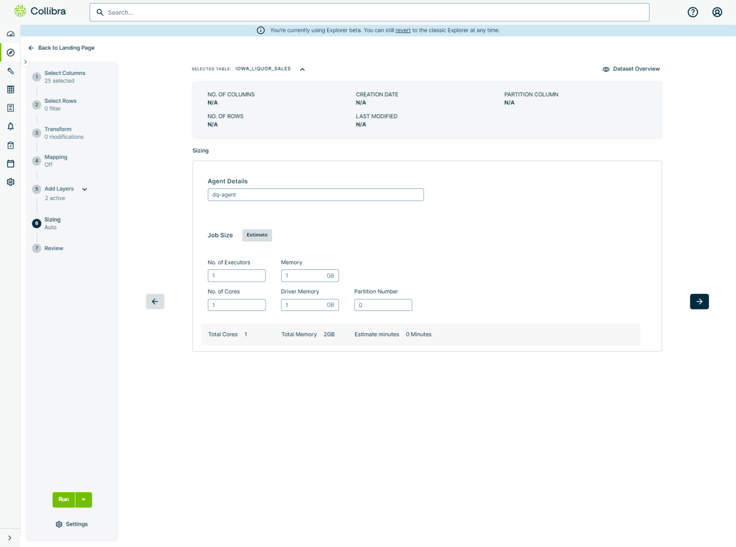screenshot of Sizing step of Explorer workflow without automatic sizing estimation