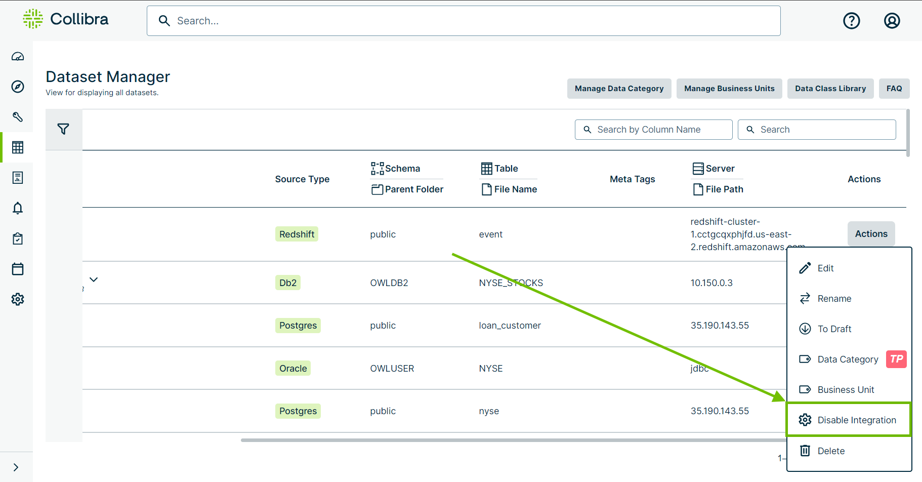 screenshot of disable integration button from dataset manager page