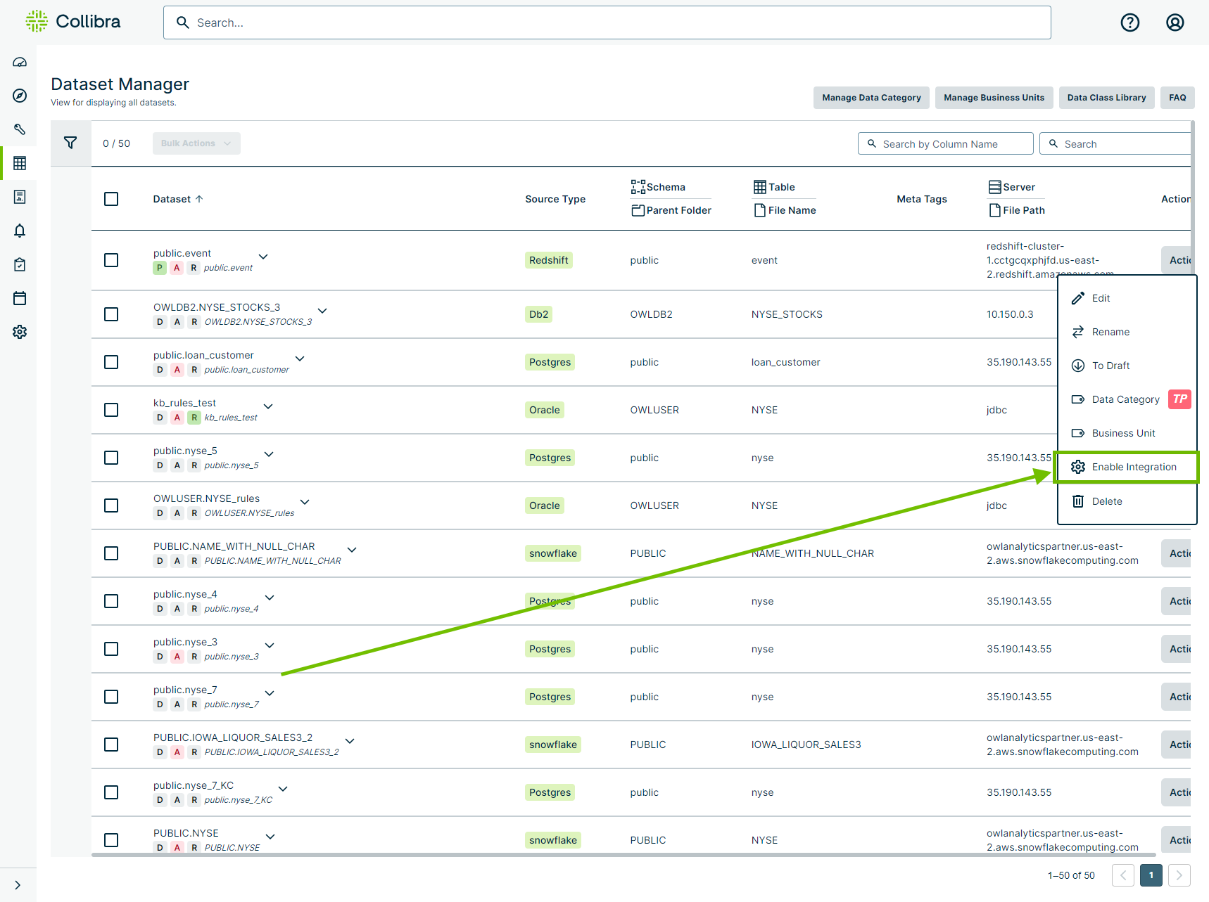 screenshot of enable integration button from dataset manager page