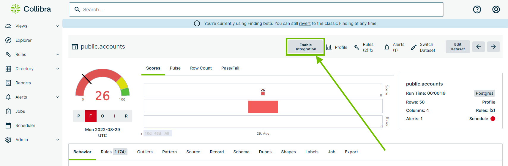 screenshot of enable integration button from the findings page