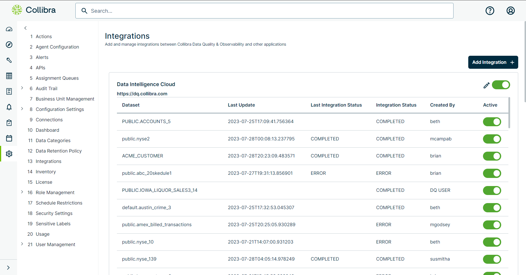 screenshot of the integrations page in the admin console