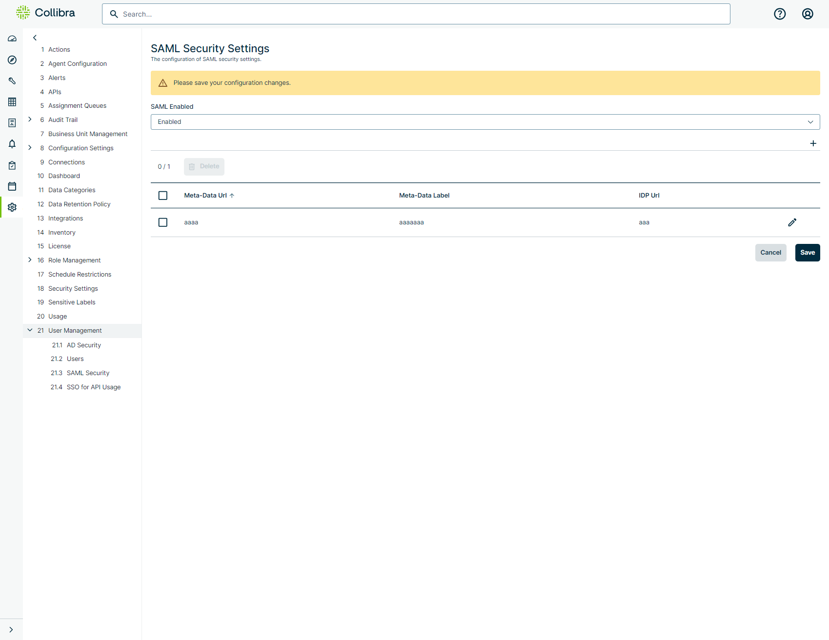 Image of SAML security settings page