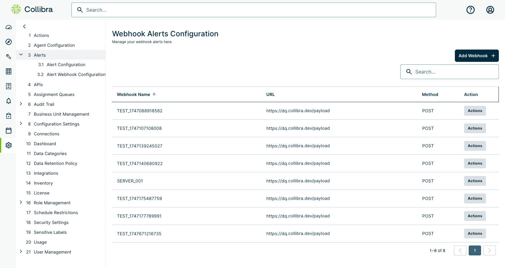 image of webhooks configuration page in admin console