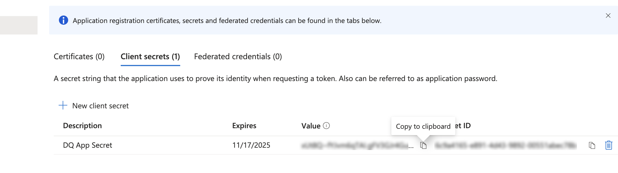 Azure AD B2C portal with client secret displayed