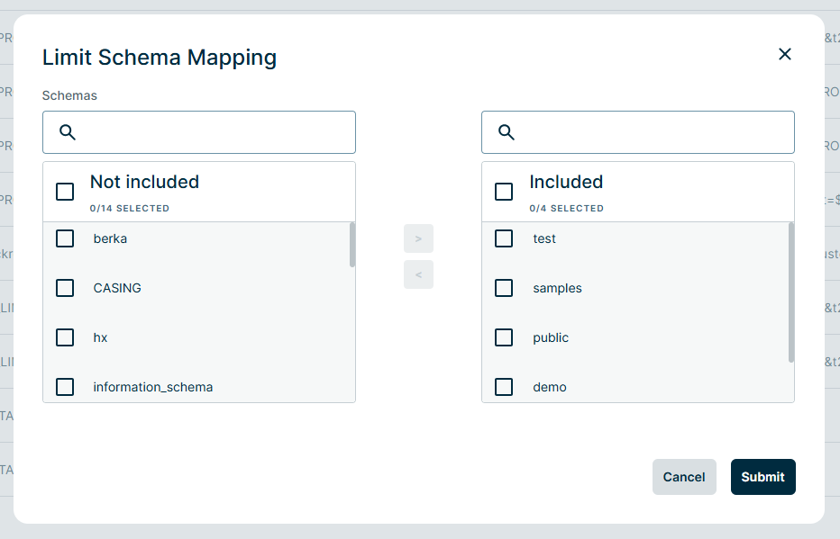 screenshot of the limit schema mapping dialog