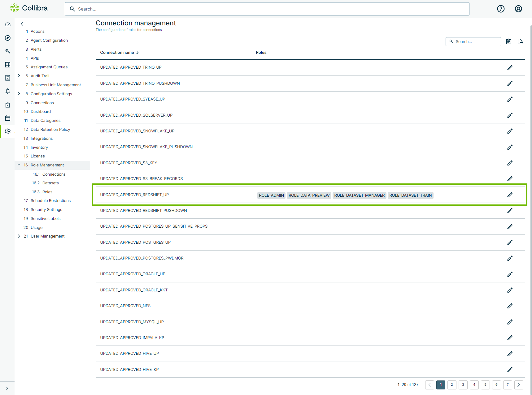 image of connection management table with roles mapped to a connection