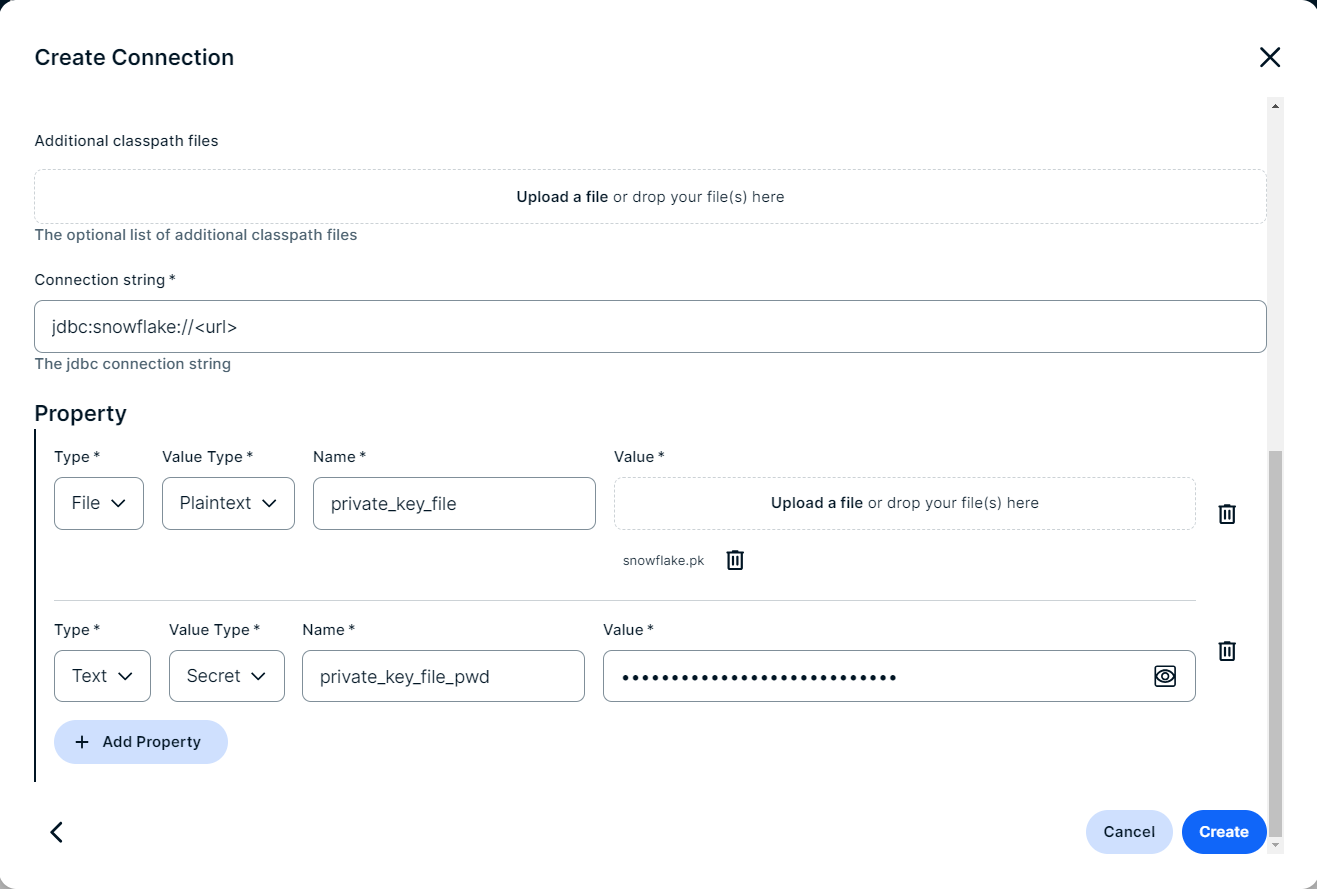 Private Key connection configuration for Snowflake