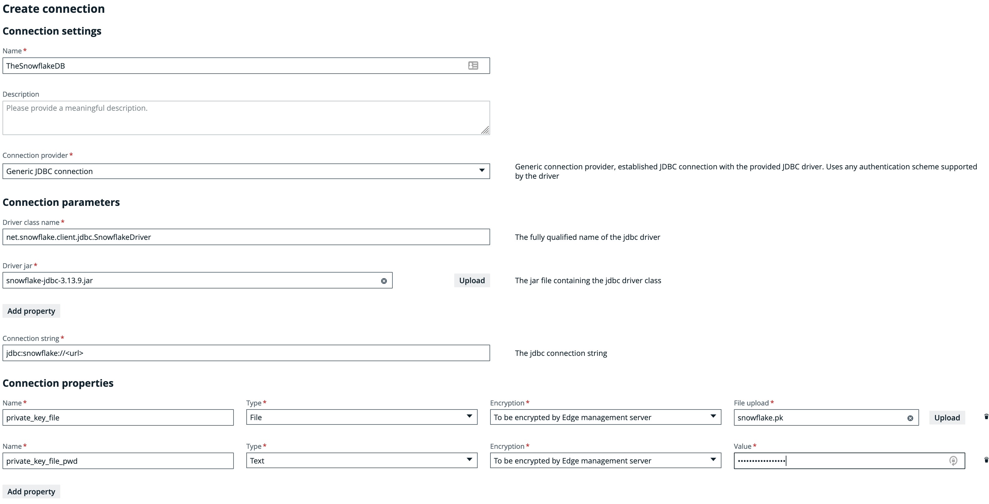 Private Key connection configuration for Snowflake