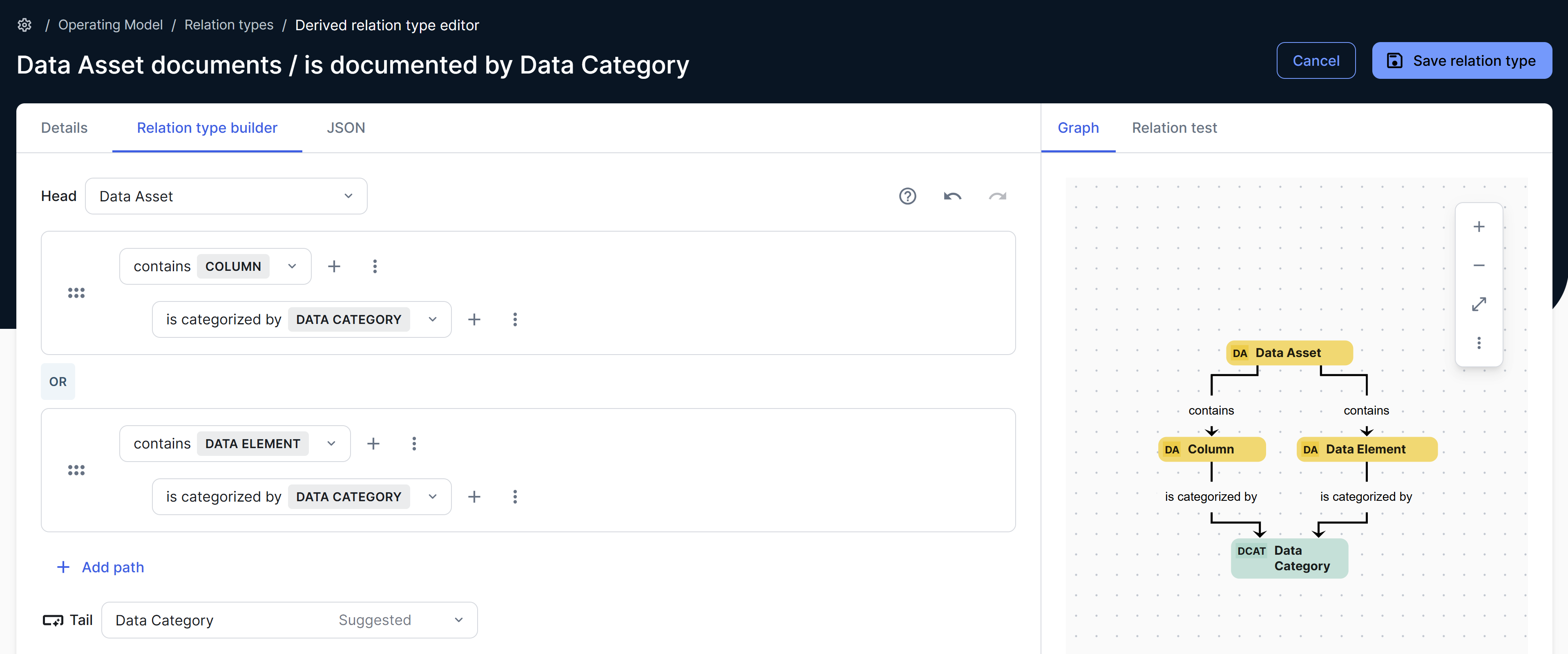 Image of the Relation type builder tab filled