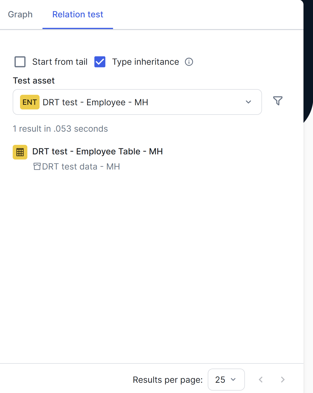 Image of the Relation test tab with results
