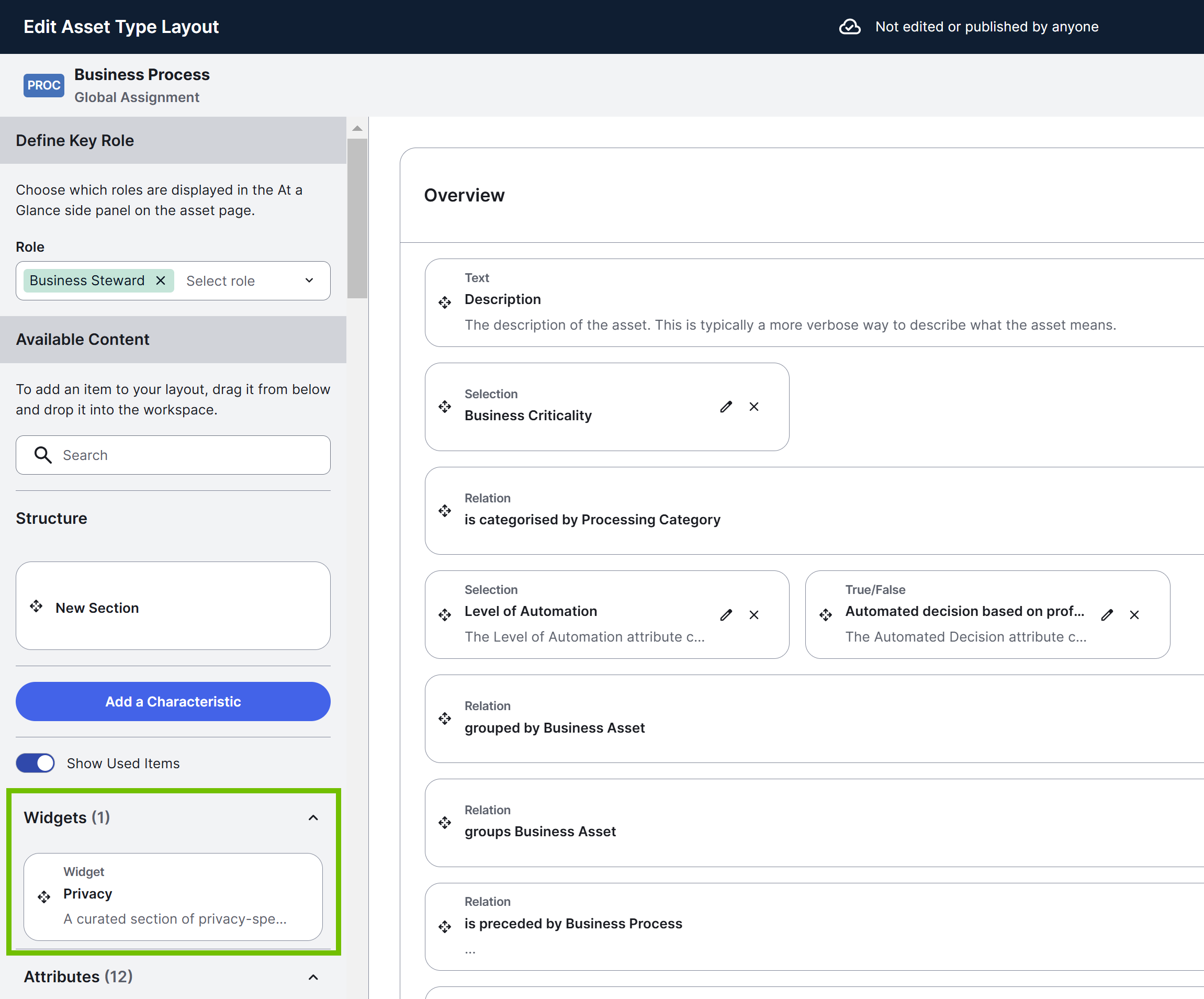 Image of the Edit Asset Type Layout page with the Widgets section