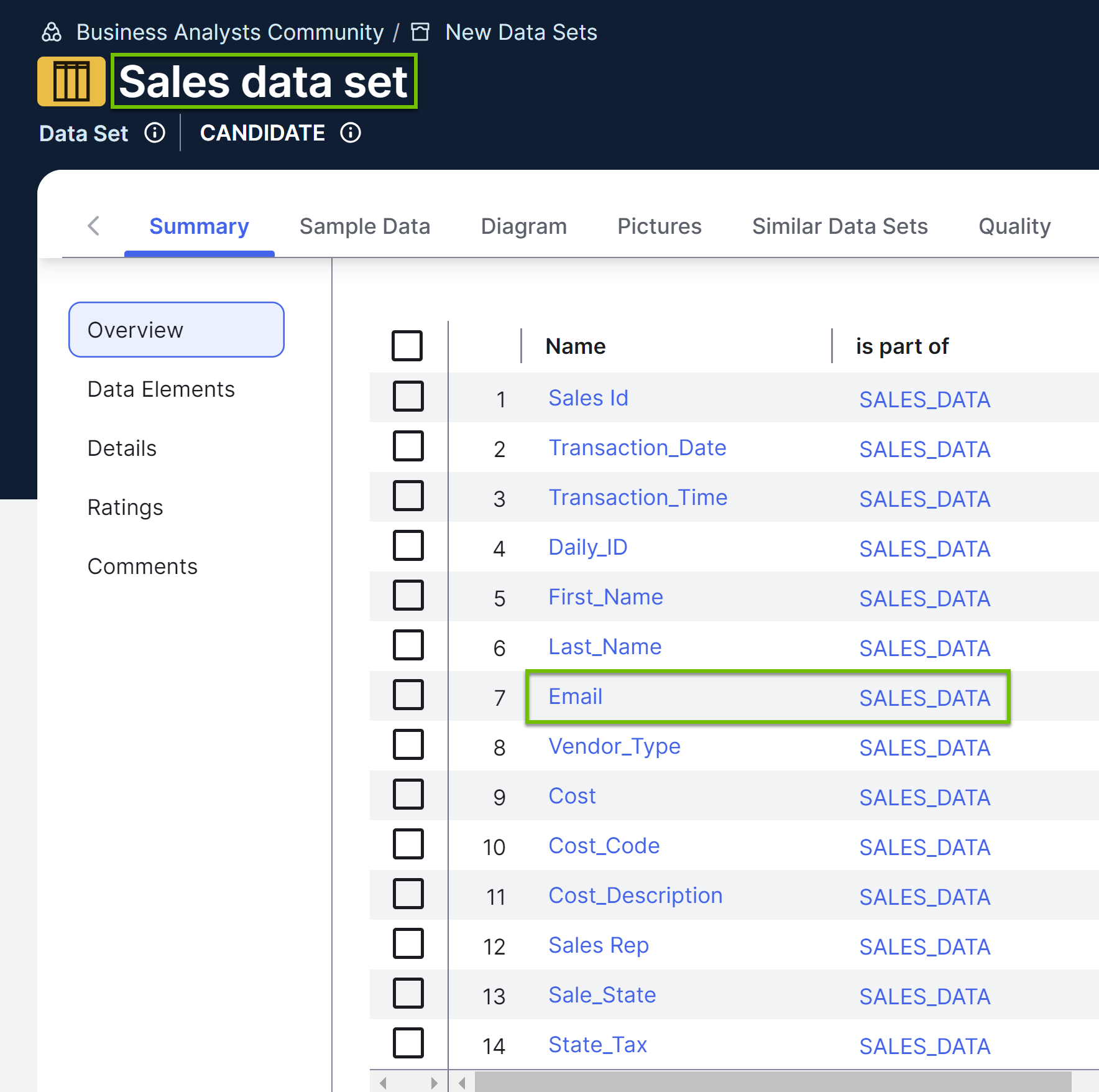 Image of the Sales Data Set asset page