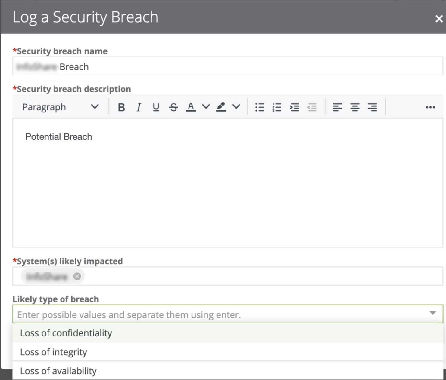 Log a Security Breach window