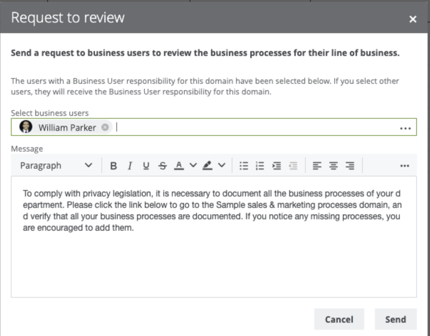 Request to review dialog box