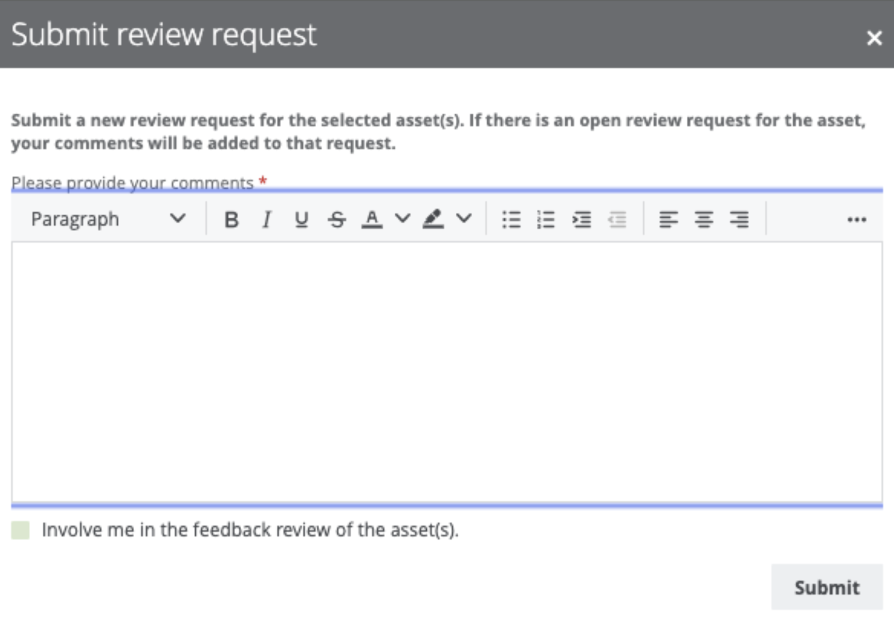 Submit review request dialog box