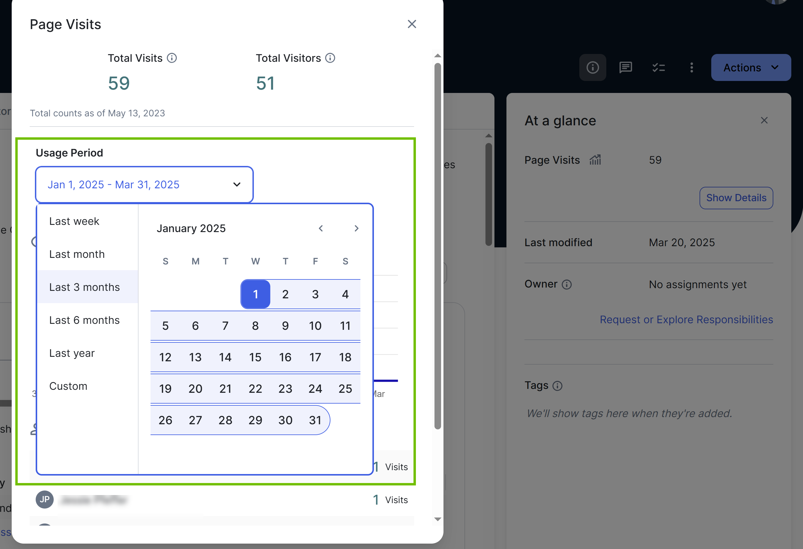 Image of the Page Visits section on an asset page