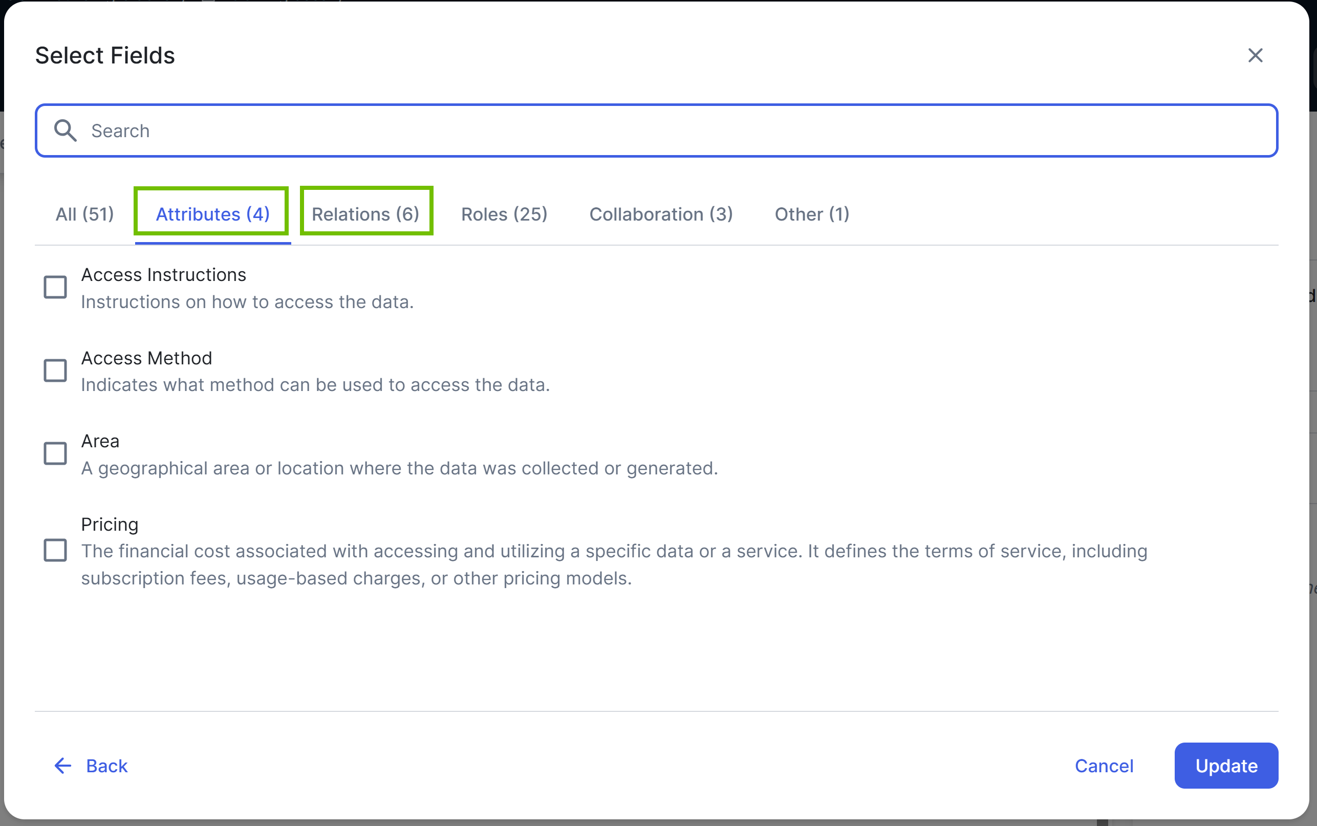 Image of the Select Fields dialog box on an asset page