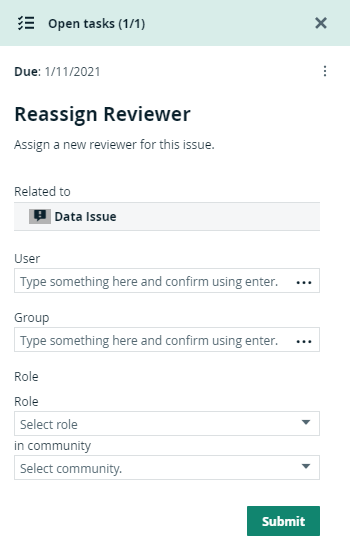 Collibra workflow form in the side pane to reassign the reviewer for an issue