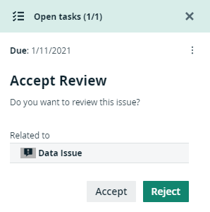 Collibra workflow task in the sidebar to accept or reject an issue