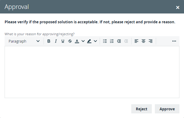 Collibra workflow form dialog box to approve the solution for an issue