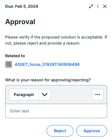 Collibra workflow form in the side pane to approve the solution for an issue