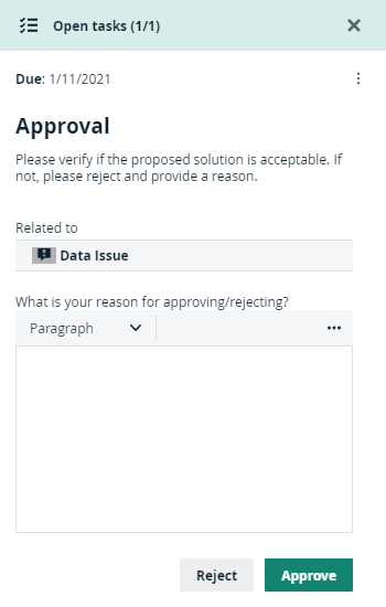 Collibra workflow form in the side pane to approve the solution for an issue