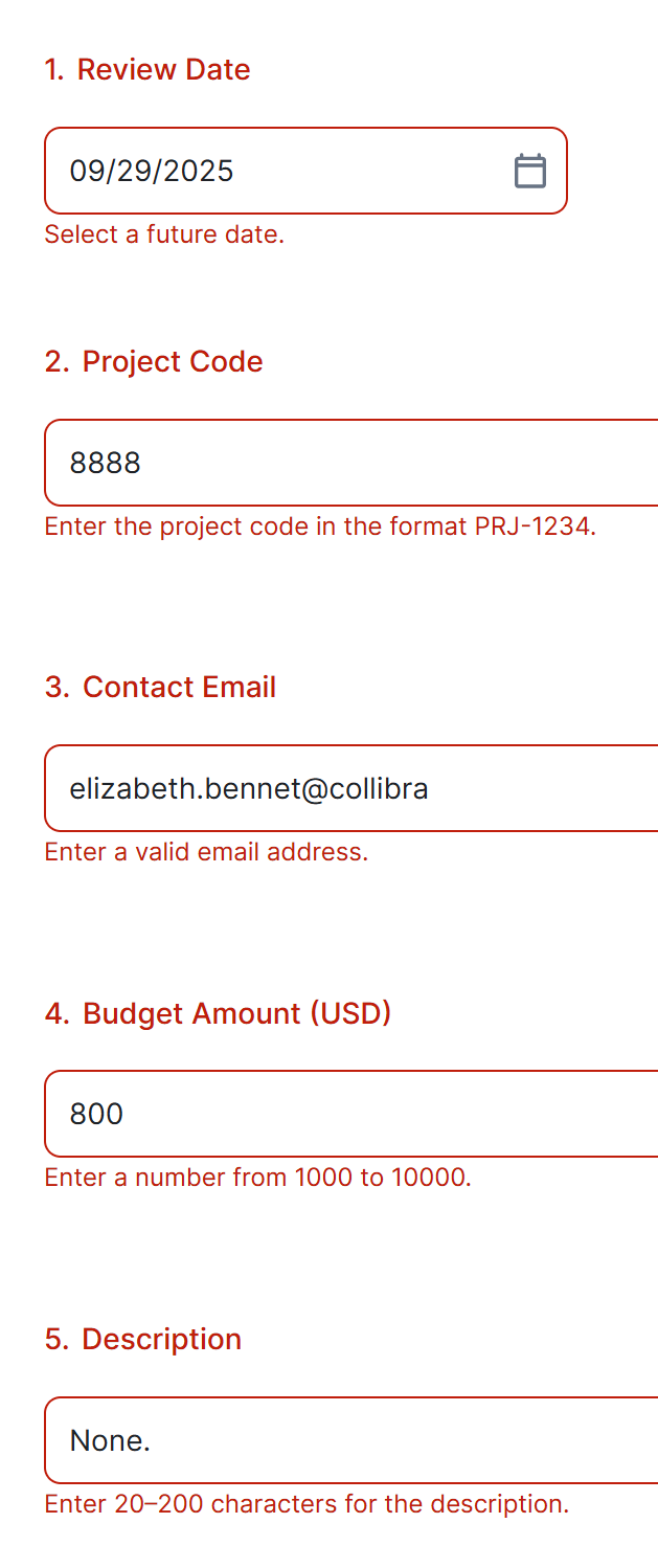 Image of an assessment with error messages