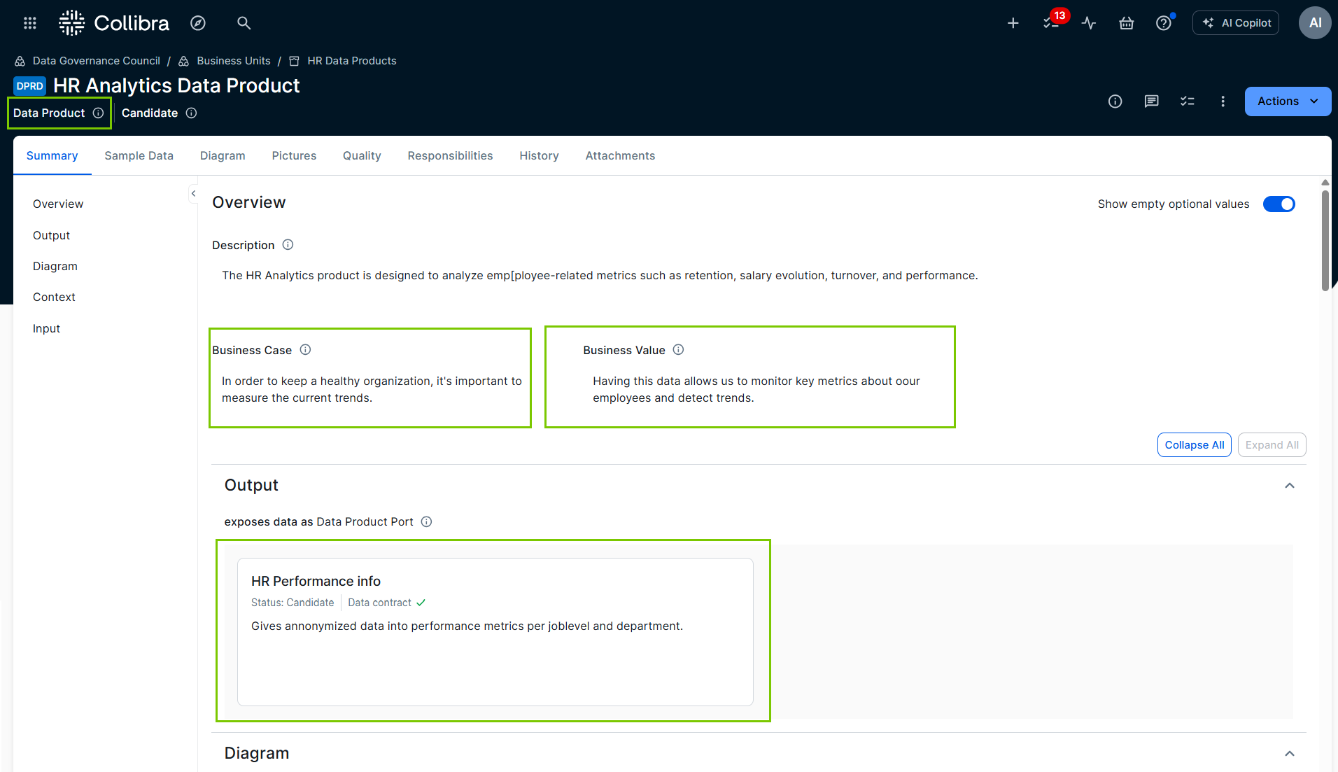 Image of Data Product asset with highlights to show the three components