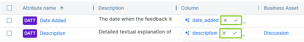Example of suggested Column assets for approved Data Attributes via semantic mapping