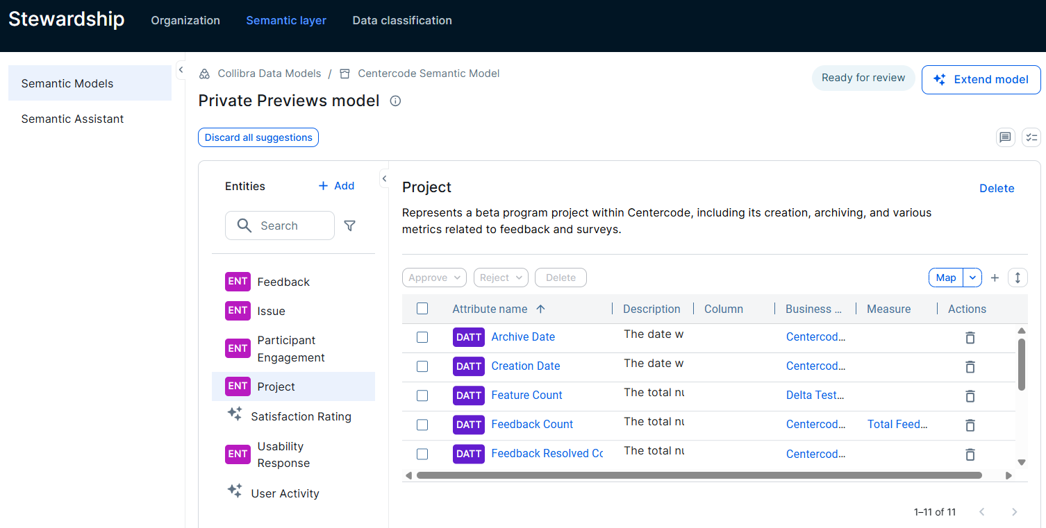 Image of the semantic models page where a semantic model has been selected