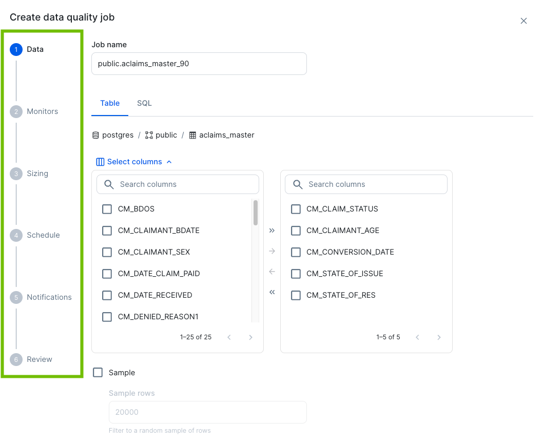 screenshot of data quality job stepper