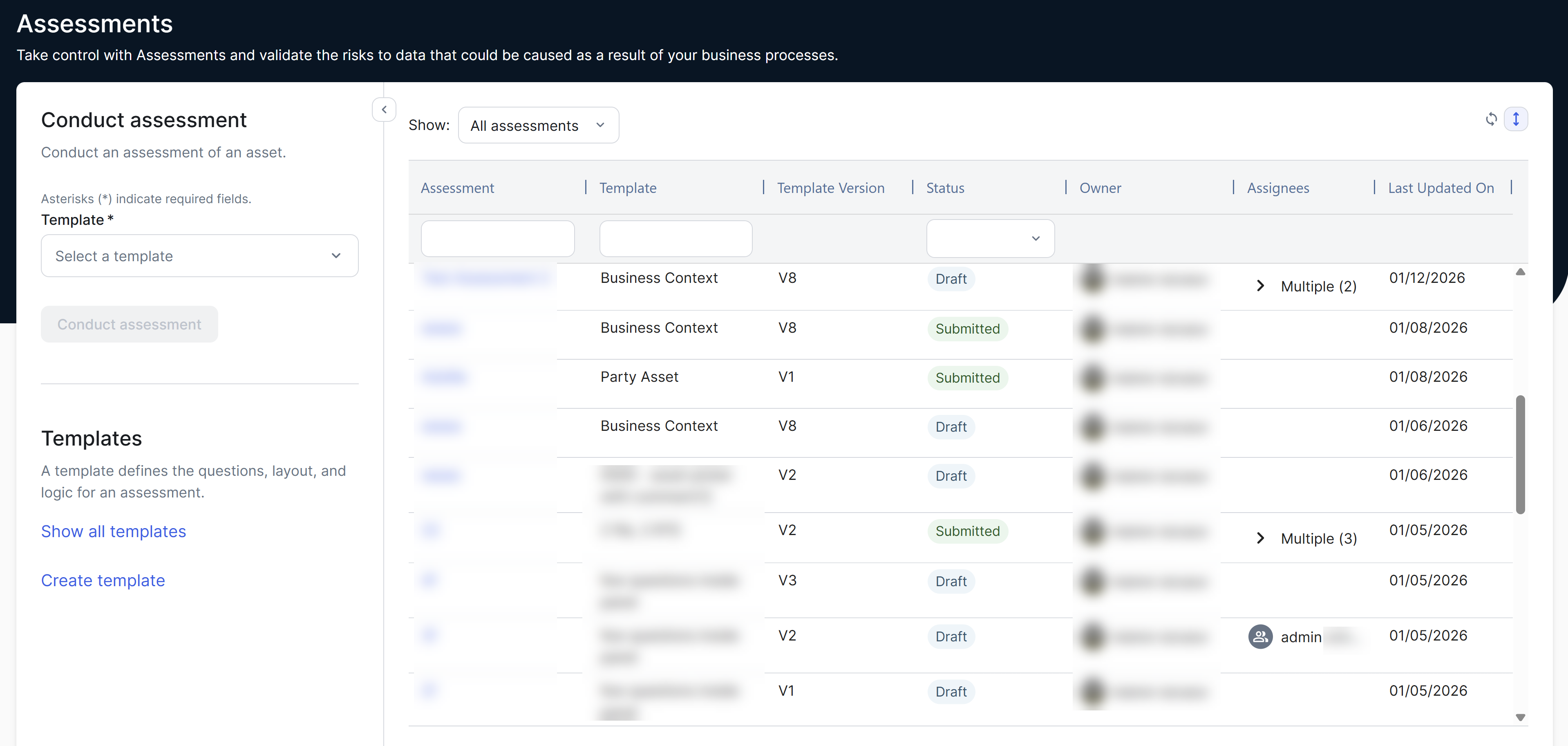Assessments landing page