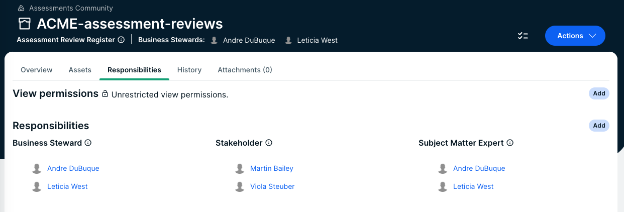 Responsibilities tab of the Assessment Review Register domain