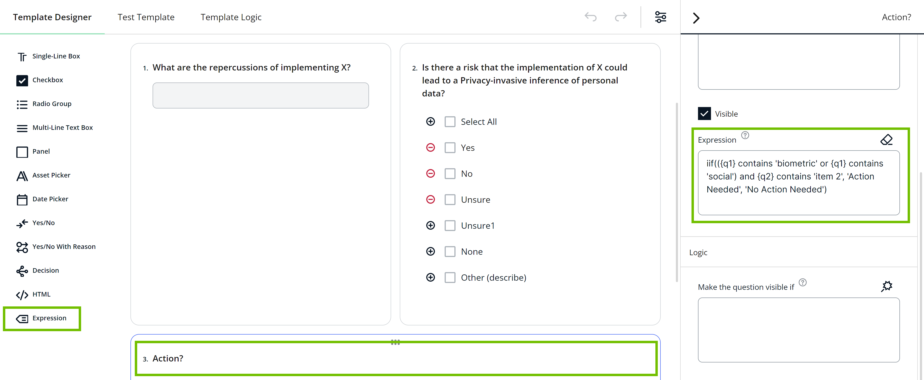Image of the Template Designer tab with the Expression section