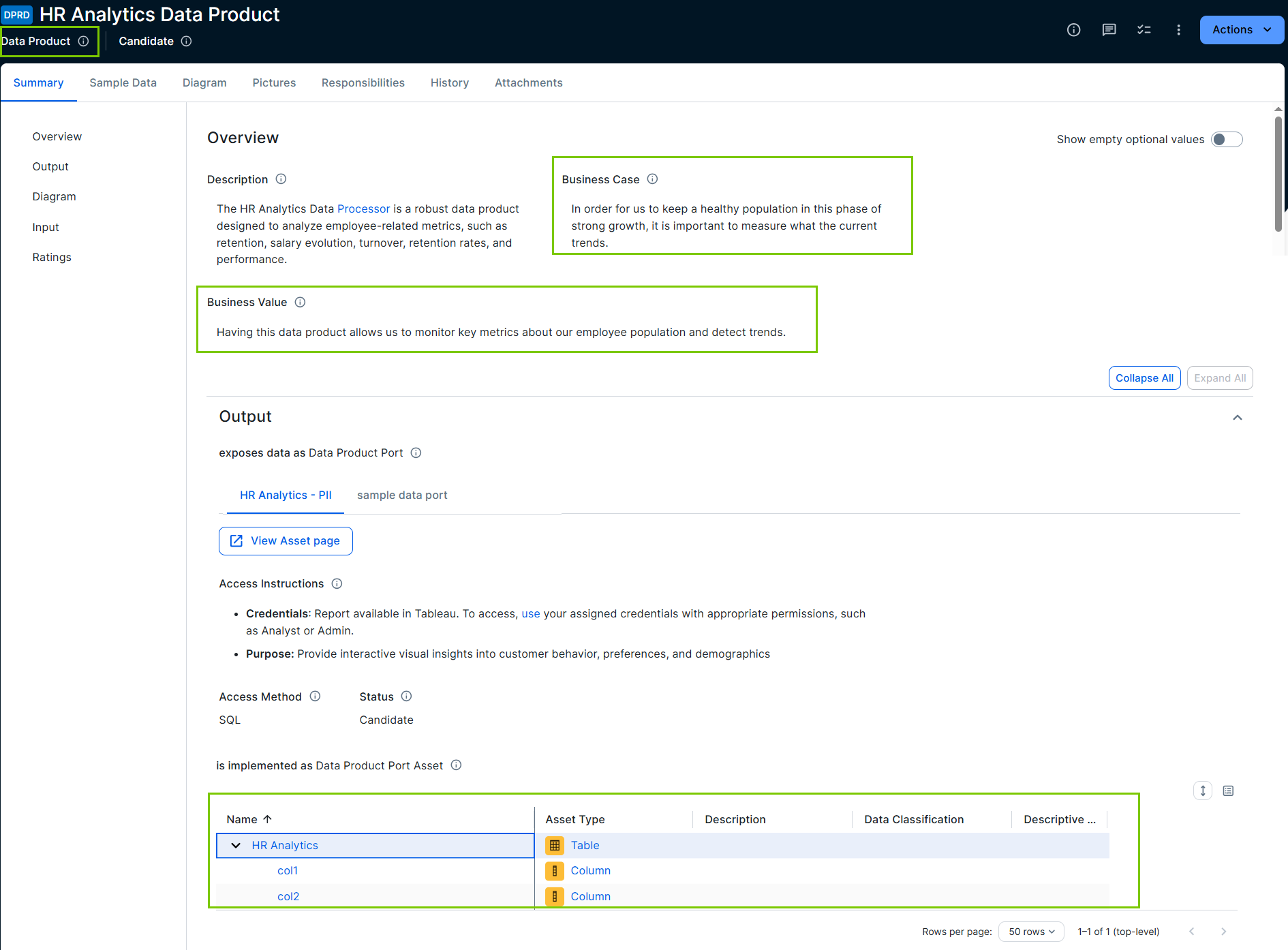Image of Data Product asset with highlights to show the three components