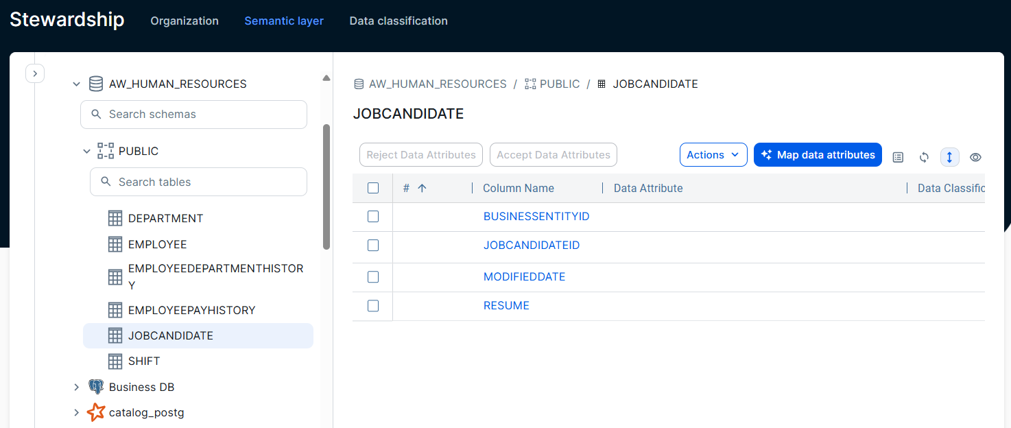 Image of a selected Table asset in the data explorer on the left and the related Columns on the right