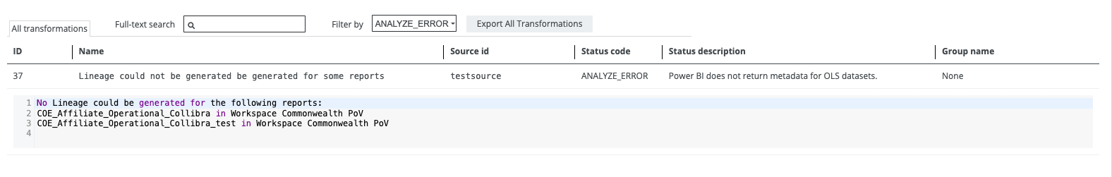Image showing an analysis error that is produced and shown in the Technical lineage Sources tab for the unsupported semantic model.