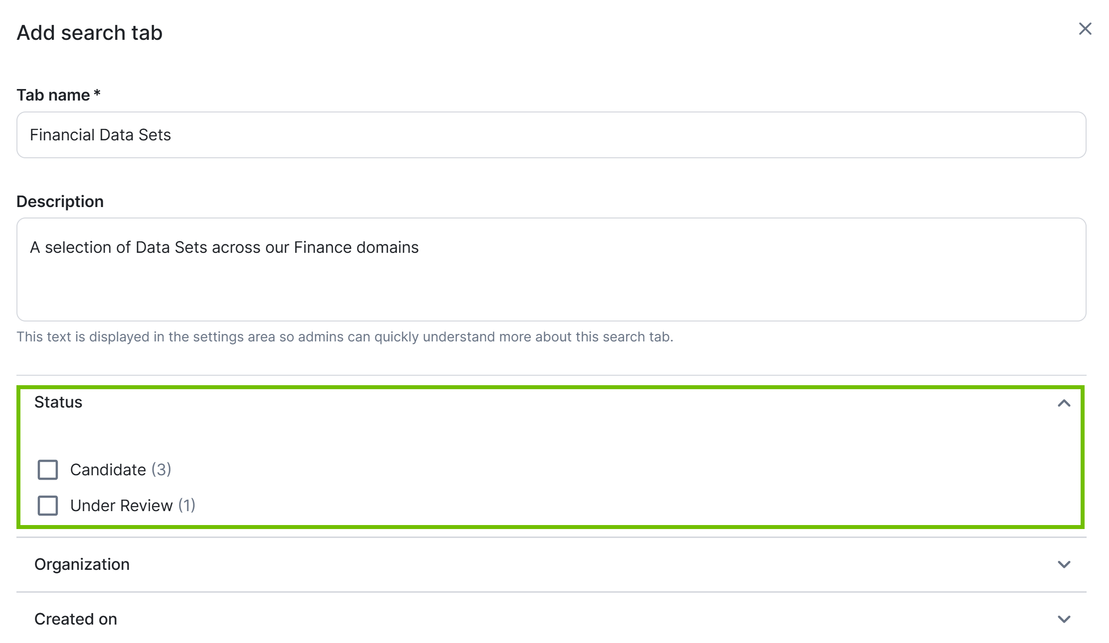 Image of the Add search tab dialog box with the Status field