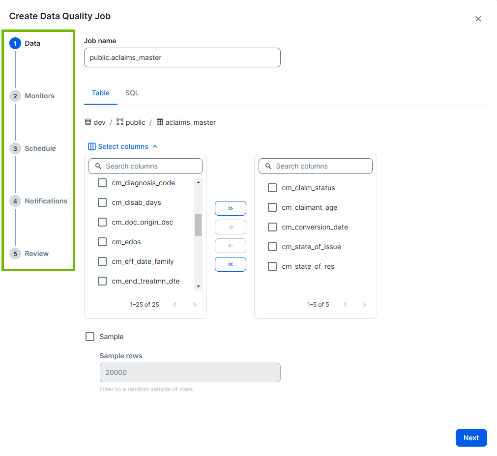 screenshot of data quality job stepper