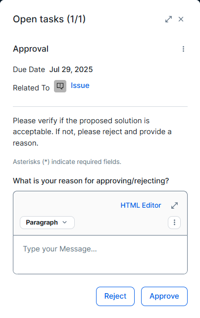 Collibra workflow form dialog box to approve the solution for an issue